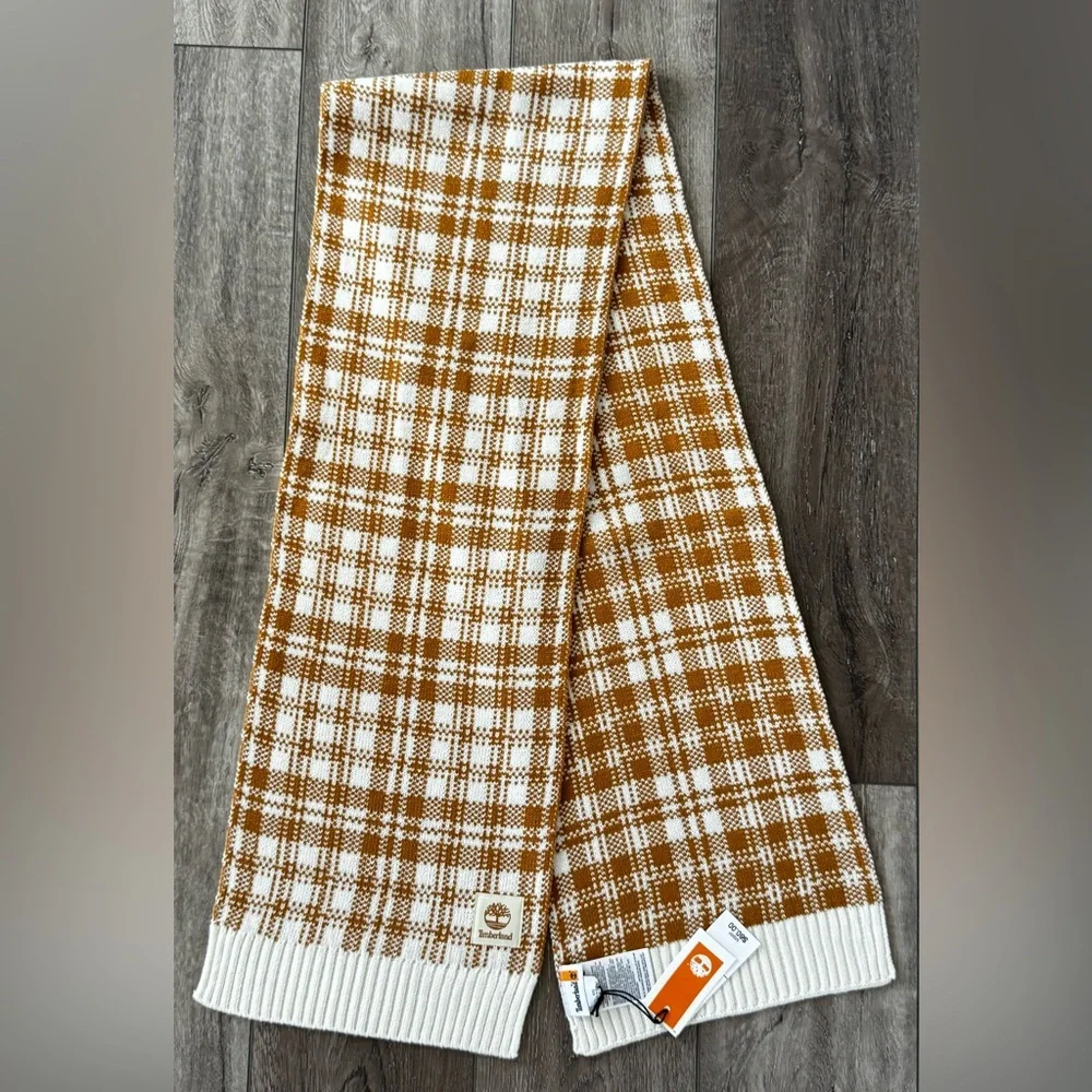 NWT Timberland Tan Buffalo Plaid Scarf 64x10 Adult Size Brown Check Winter Warm